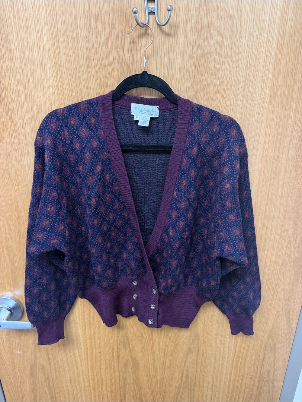 Vintage 90s 100% Wool Geometric Button-Front Cardigan in Burgundy and Navy